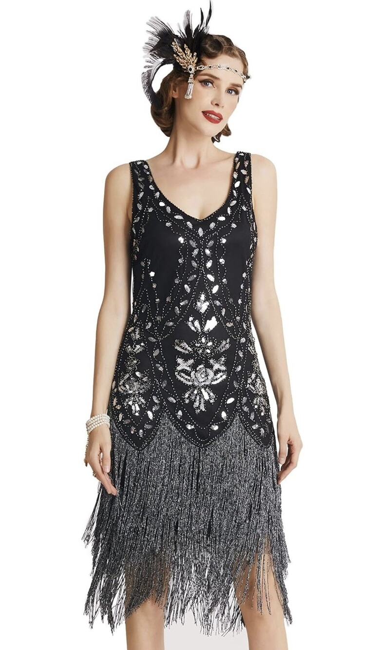 BABEYOND Women's Plus Size 1920s V Neck Beaded Fringed Great Gatsby Flapper 3X